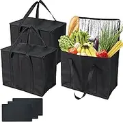 3Pcs Insulated Grocery Shopping Bag, FHDUSRYO 40L Large Black Food Delivery Bags, Durable Thermal Cooler Bags with Handles and Bottom Plates, Reusable Lunch Container Bag for Grocery, Catering