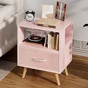 Night Stand, Pink Kids Nightstand with Drawer, Nursery Side Table with Open Storage, 2-Tier Modern End Table, Bedside Table for Small Space, Living Room, Bedroom