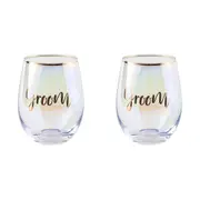 2PK Groom Stemless Wine Rose Gold 600ml Drinking Cup Novelty Celebration Glass