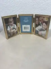 Vintage Triple Hinged Photo Frame 2.25x3.25 School Size Photo - Gold Tone