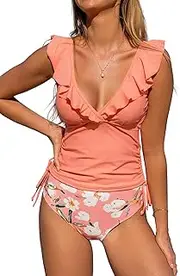 [Beachsissi] Womens Ruffle Shoulder Two Pieces Swimwear V Neck Floral Tankini Set