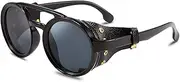 [FEISEDY] Retro Round Steampunk Sunglasses Women Men Vintage Eyewear Light Plastic Frame with Leatherwear B2532