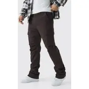 Mens Dark Brown Fixed Waist Slim Flare Stacked Twill Cargo Trousers