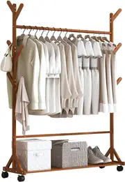 Versatile Bamboo Garment Rack with Rotatable Castors
