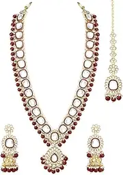 [Aheli] Crystal Kundan & Beads Studded Maroon Long Necklace Earrings Maangtikka Set Ethnic Jewellery for Women, One Size, Metal, No Gemstone