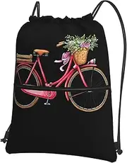 EdWal Retro Red Bicycle Print Drawstring Backpack Gym Bags Sports Bags With Zipper Pocket For Travel Swimming Beach, Black, One Size