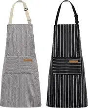 2 Pack Kitchen Cooking Aprons, Adjustable Soft Chef Apron with 2 Pockets for Men Women (Black/Brown Stripes)