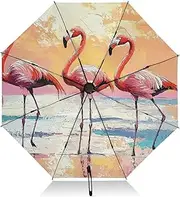 [PDZRMY] Flamingo Art Beach UV Protection Travel Umbrella Compact for Rain and Sun - Auto Open and Close UPF 50+ Windproof Portable 46” Sun Umbrella for Women and Men