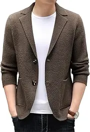 [SWJGLITTR] Men's Wool Blend Cable Cardigan Button Down Blazer Pockets Men Cardigans Lightweight Knitted Button Sweaters, Coffee, Medium