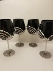 x4 Halloween Black Skeleton Hand Wine Glass Set Goblet Silver Metal Stem Gothic