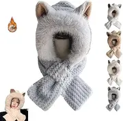 [HOBIVA] Cute Fox Ears 2-in-1 Hat and Scarf， Fox Ears Beanie Hat，Integrated Ear Protection Windproof Cap Scarf，2-in-1 Soft Plush Hooded (Gray,OneSize)