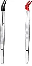 2pcs Bent Tweezers with Rubber Tips, Curved Tip Tweezers Stainless Steel Gem Stamp Tweezers Non-Slip Long Crafting Tweezers Tools for Bead Crafts Hobby Jewelry Making(Red, Black)
