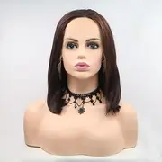 Xiweiya Wigs 14" Inches Straight Short Bob Wig Dark Brown Hair Synthetic Lace Front Wig Black Brown Color with Middle Part Heat Resistant Fiber Hair for Women,Drag Queen Family Makeup Party Wear