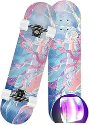Sports Adult Skateboard, (Tsing Yi Pattern) 31-inch Seven-Layer Maple Brush Street Style Double-Sided Pattern White Flashing Wheel Skateboard Suitable for Professional Beginners