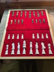 1980’s Turkish Hand Carved Meerschaum Chess Set 16x19 Folding Wood Board 4" King