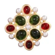 Brooch Green & Red Jelly Cabochon & Simulated Pearls Gold Tone