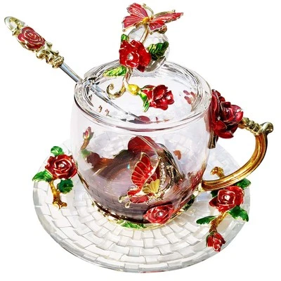 Crystal Tea Cup Coffee Mug with Lid Saucer Spoon Birthday Christmas Gift for ...