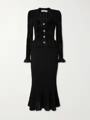 [Self-Portrait] Self-Portrait - Crystal-embellished Pointelle-knit Peplum Midi Dress - Black - medium medium Black