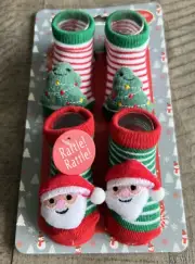 MistleToes Baby Booties Socks Size 0-12 Months Christmas Santa Rattle 2 Pair