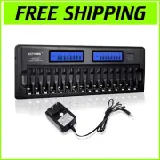 Smart 16-Bay Battery Charger with LCD Display for AA AAA NiMH NiCd Batteries