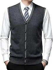 [SWJGLITTR] Men's Sleeveless Sweater Cardigan Wool Blend V Neck Buttons Vest Cable Knit Big and Tall Cardigan Vest, Dark Grey, X-Large