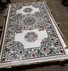 Dining Table Top Inlaid with Natural Gemstone Rectangle Marble Reception Table