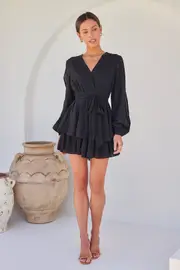 Minerva Layered Cross over Black Long Sleeve Playsuit