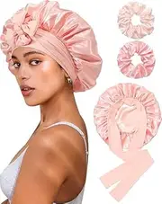 MinersGO Reversible Satin Bonnet for Sleeping Women Double Layer Hair Bonnet with 2PCS Hair Scrunchies Elastic Tie Band Night Cap (Apricot Powder+Champagne)