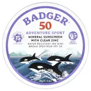 Badger, Adventure Sport, Mineral Sunscreen with Clear Zinc, SPF 50, Unscented, 2.4 oz (68 g)