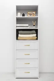 GENEVA 3 SHELF 4 DRAWER BUILT IN WARDROBE - WHITE - HAMPTON - OVAL BRASS