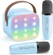 Mini Karaoke Machine for Kids Ages 4-12+, Bluetooth Speaker with 2 Wireless Microphones & LED Lights, Portable Music Toy for Girls Boys, Fun Birthday Christmas Gift for Kids & Adults (Blue)