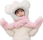Tainrunse Hat Scarf Gloves Set Winter Gloves Children Winter Hat Scarf Gloves Combo Thick Plush Warm Ear Neck Head Protection Baby Cap Light Pink