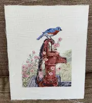 Finished Completed Cross Stitch Picture of Bird on Fire Hydrant with Flowers