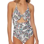 Splendid Swimsuit Women's Medium Flower Hour One Piece Halter White Blue Black