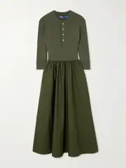 [Polo Ralph Lauren] Polo Ralph Lauren - Ribbed-knit And Cotton-poplin Midi Dress - Army green - medium medium Green
