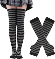 [UPSTORE] Womens Rainbow Stripe Knee Thigh High Socks Knit Arm Warmer Fingerless Gloves for Halloween Costume (Black)