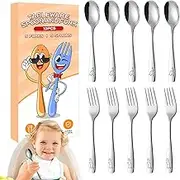 Kids Forks and Spoons, Children Flatware Set, Stainless Steel Dinosaur Engraved Tableware, Easy Grip 5 Forks and 5 Spoons for Preschool Dining Home