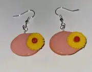 Ham Slice Pineapple Earrings Silver Wire Dinner Meat Pork Pineapple Slice Cherry