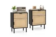 Costway Rattan Nightstand set of 2 pc Mid Century Modern End Table w/Drawers and storage compartments
