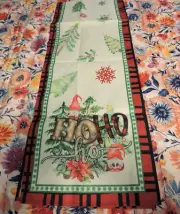 Christmas Table Runner 72" Red Black Buffalo Check Trees Gnomes Ho Ho Ho - New