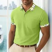 Men's Golf Shirt Pique Polo Shirt Business Casual Classic Short Sleeve Fashion Basic Solid Color Plaid Buttons Summer Spring Spring Fall Regular Fit White Ye
