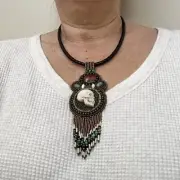 Bead Embroidered Skull Pendant Necklace, 18” Braided Leather Cord