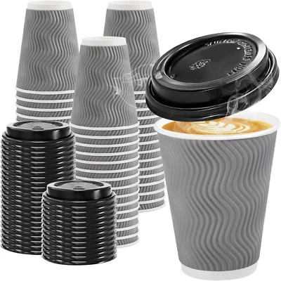 100 Pack 12 Oz Disposable Coffee Cups with Lids, Insulated Ripple Wall To-Go Pap