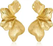 [FAUTHENTICUTE] Chunky Gold Statement Earrings For Women Gold Plated Sectored Flower Leaf Shell Angel Wing Earrings Large Stud Earrings Hypoallergenic Earrings