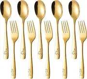 Kids Silverware Set, Children Flatware Set, Easy Grip Dinosaur Engraved Tableware, Stainless Steel 5 Forks and 5 Spoons for School Lunch Dining Home