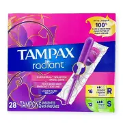 Tampax Tampons 28 Count Radiant Unscented Regular Super Duopack
