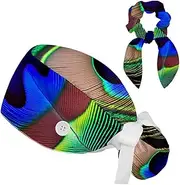 [YTYVAGT] Scrub Caps Women with Buttons,Surgical Caps with Button Adjustable Unisex,Bird Peacock Feather