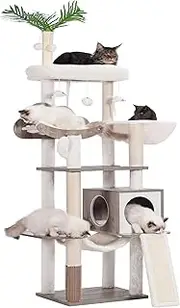Heybly Wood Cat Tree for Indoor Cats, Cat Condo for Large Cats with Self Groomer,Modern Cat Scratching Tower with Basket,Hammock,Dangling Ball and Leaves,Rustic Gray HCT120SG