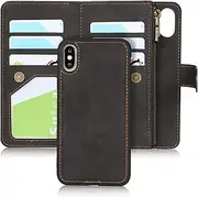 Cavor for iPhone X Case,for iPhone Xs Case[5.8 inch] PU Leather Folio Flip Cover Kickstand 2 in 1 Detachable Wallet Magnetic Case Zipper Coin Pocket 6 Card Slots-Black