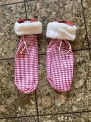 New Old Stock 2 Red And White Checkered Wine Bags With Drawstrings & 2 Bells